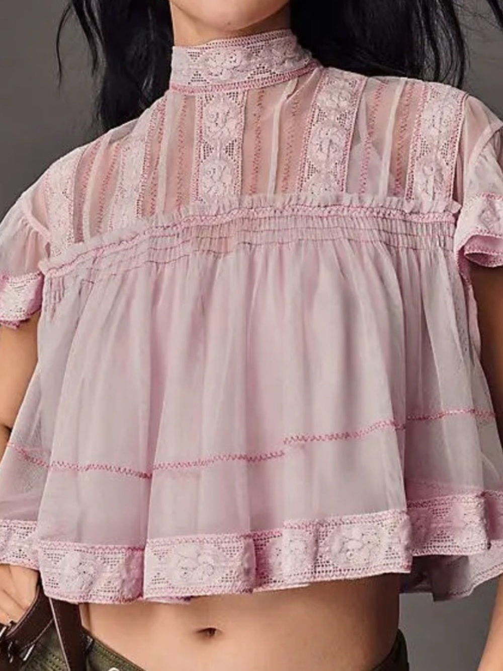 By Anthropologie Short Sleeve Mesh Lace Swing Blouse in Lilac
